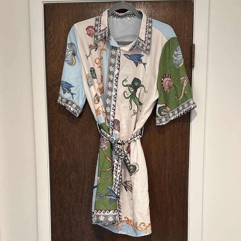 Sea Life Print Belted Dress